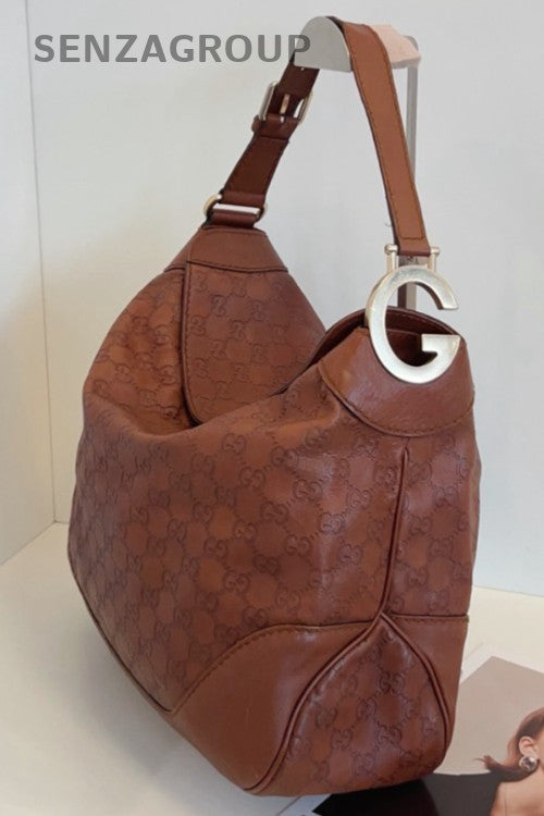 Gucci Hobo Calfskin Shoulder Bag Brown Gold Used Women Classic Designer