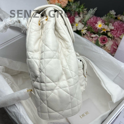 Dior Caro Backpack White Gold Lambskin Cannage Pattern Women's Fashion