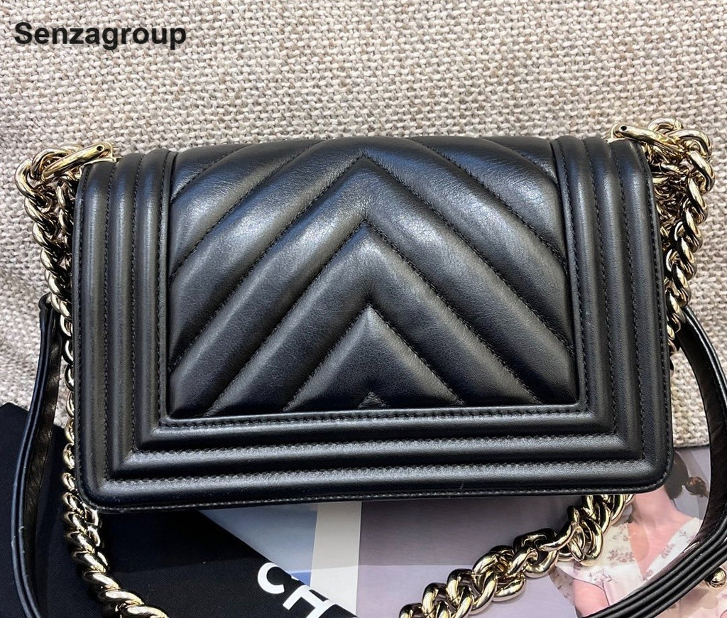 Chanel Leboy PM Chain Calfskin Shoulder Bag Crossbody Black Gold Women Classic