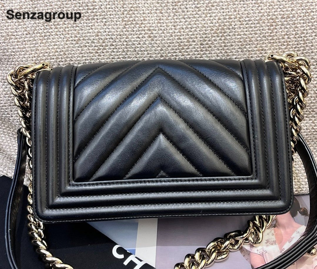 Chanel Leboy PM Chain Calfskin Shoulder Bag Crossbody Black Gold Women Classic