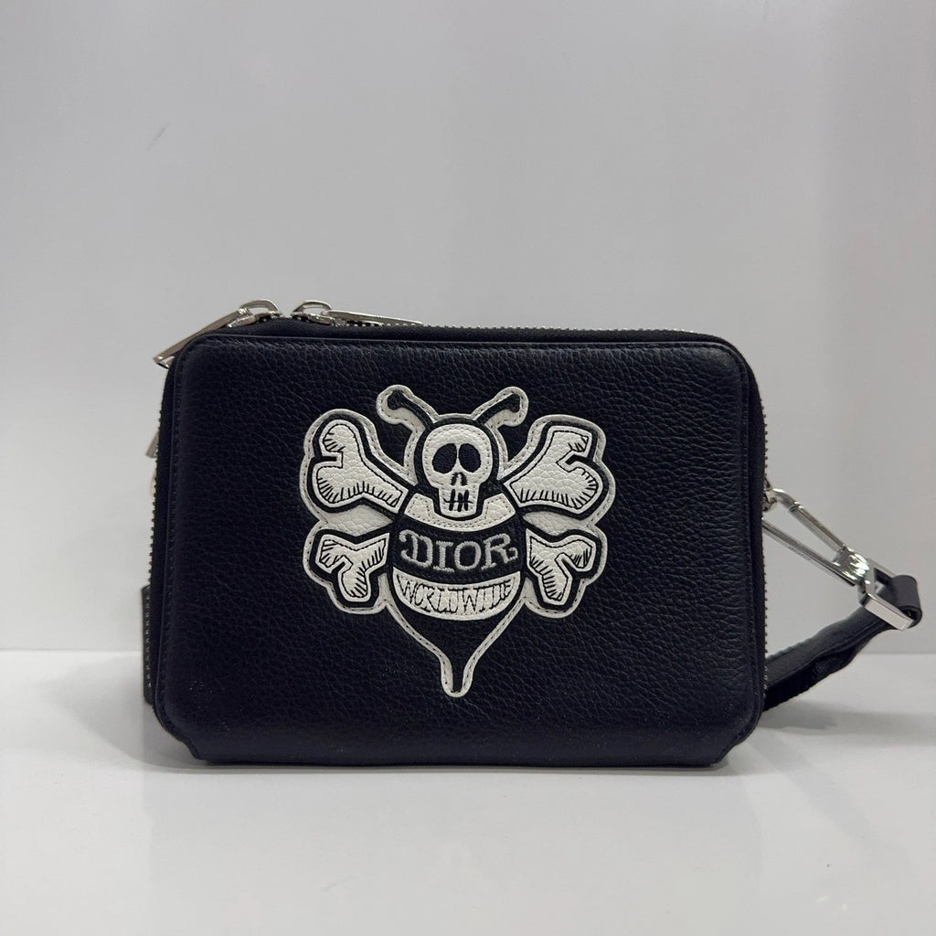 Dior x Shawn Bee Embroidered Leather Crossbody Shoulder Bag For Women Black