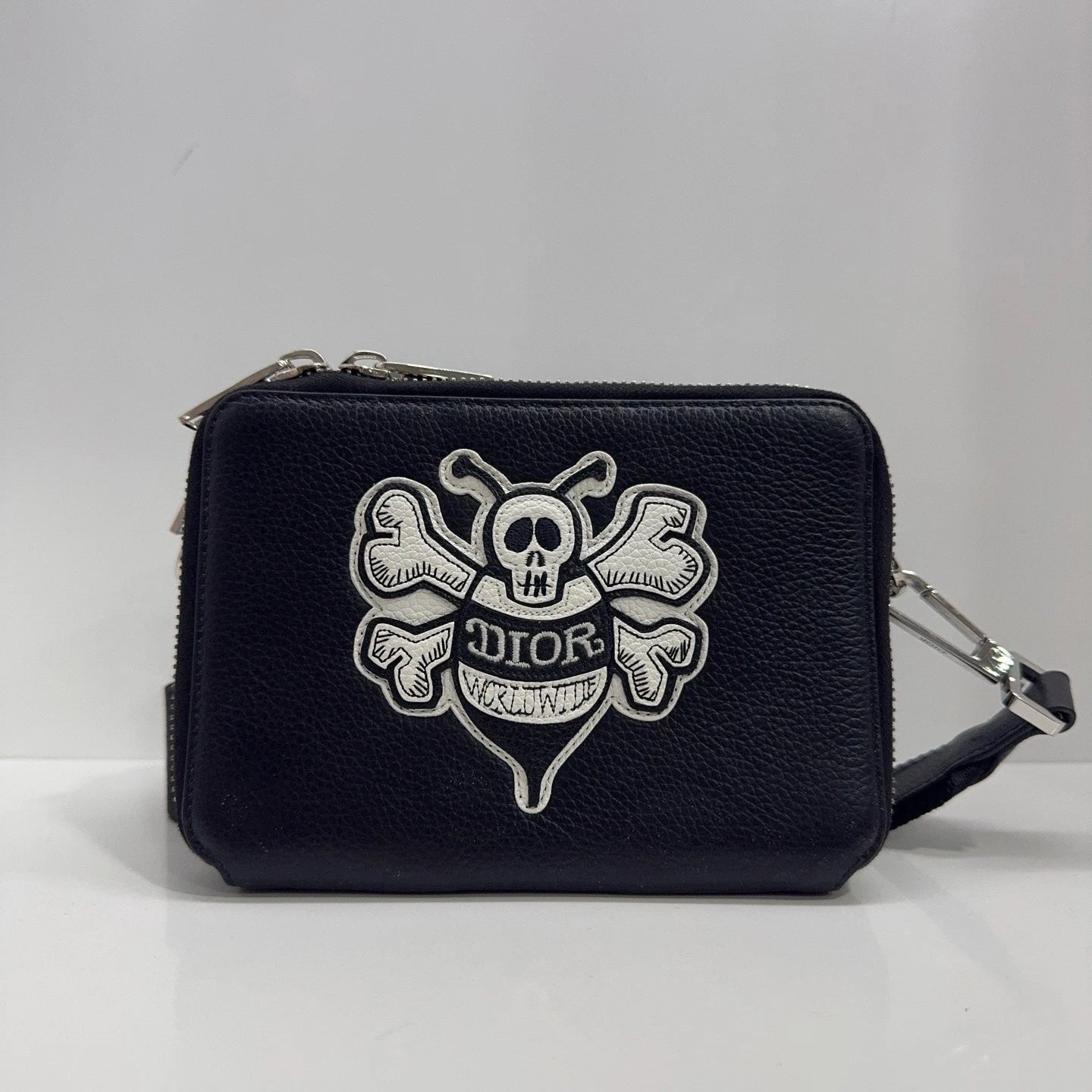 Dior x Shawn Bee Embroidered Leather Crossbody Shoulder Bag For Women Black