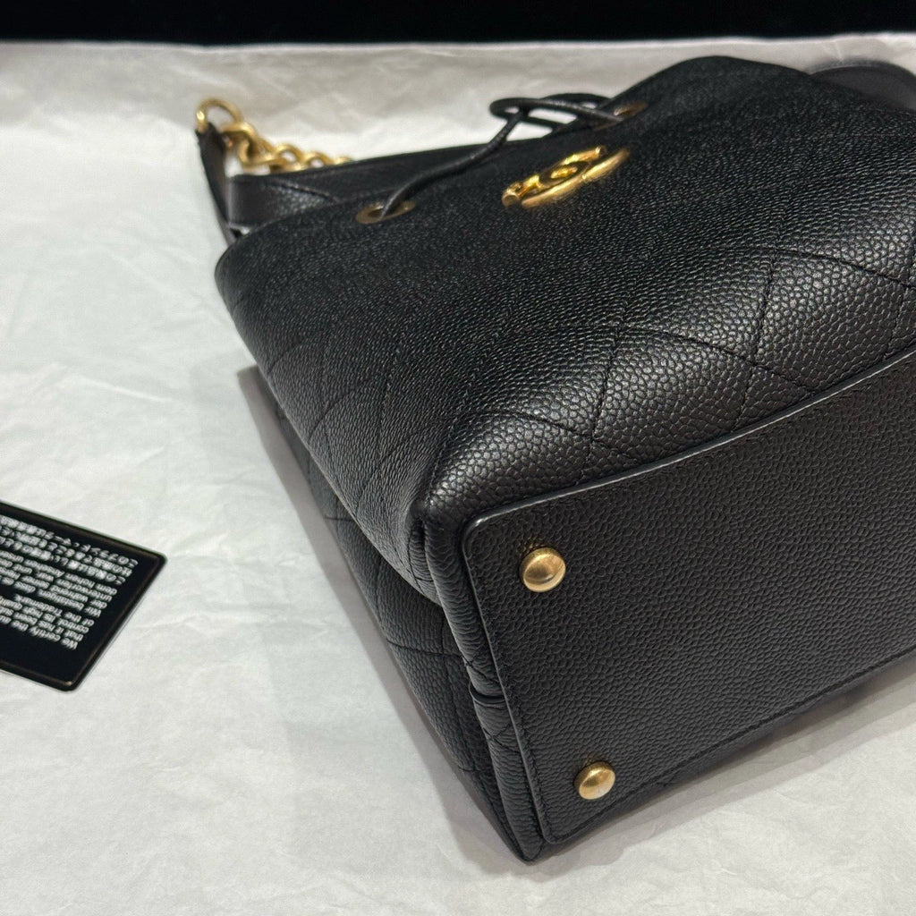 Chanel Diamond Drawstring Bucket Chain Shoulder Crossbody Black Gold Women