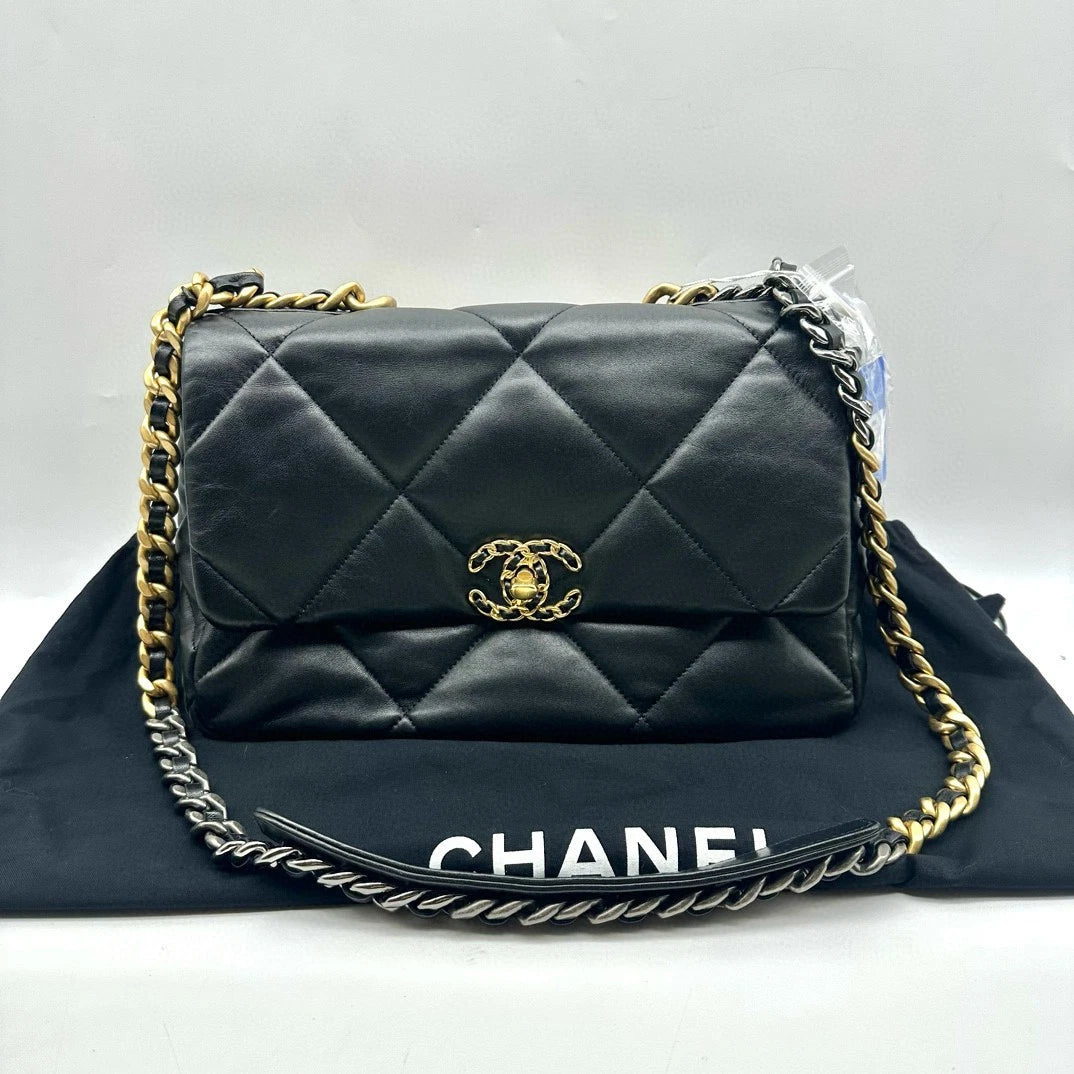 Chanel 19Bag Medium Black Lambskin Gold Shoulder Crossbody Bag For Women
