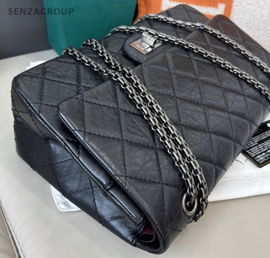 Chanel 2.55 GM Chain Shoulder Bag Black Silver Women Classic Diamond