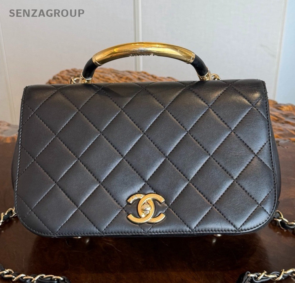 Chanel Diamond Chain Crossbody Top Handle Bag Black Gold Used Women Classic