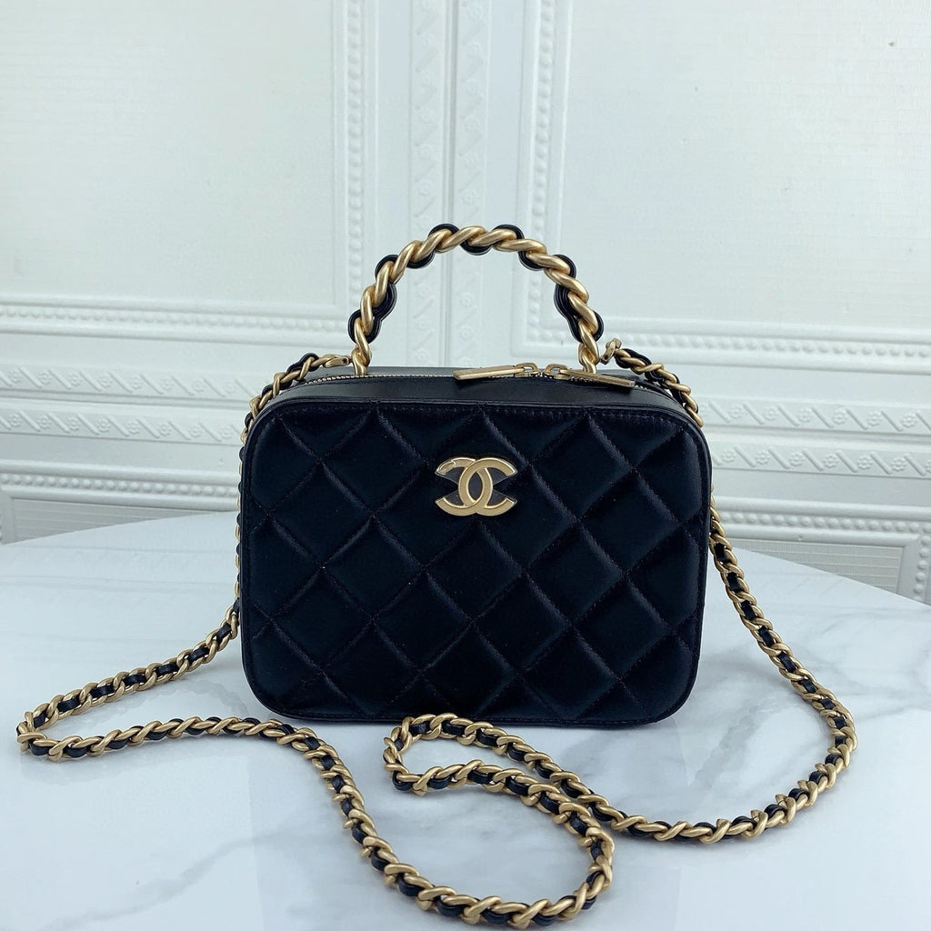 CHANEL Black Gold Lambskin Crossbody Handbag Vanity Bag For Women
