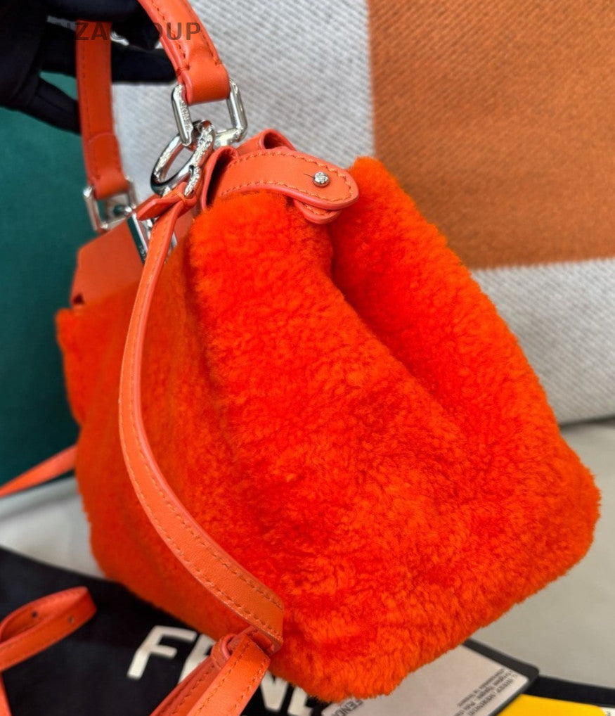 Fendi  Peekaboo PM Lambskin Top Handle Bag Crossbody Orange Silver Women