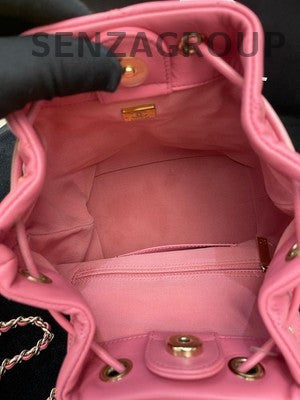 Chanel Quilted Pink Drawstring Chain Backpack Gold Hardware Women's Fashion