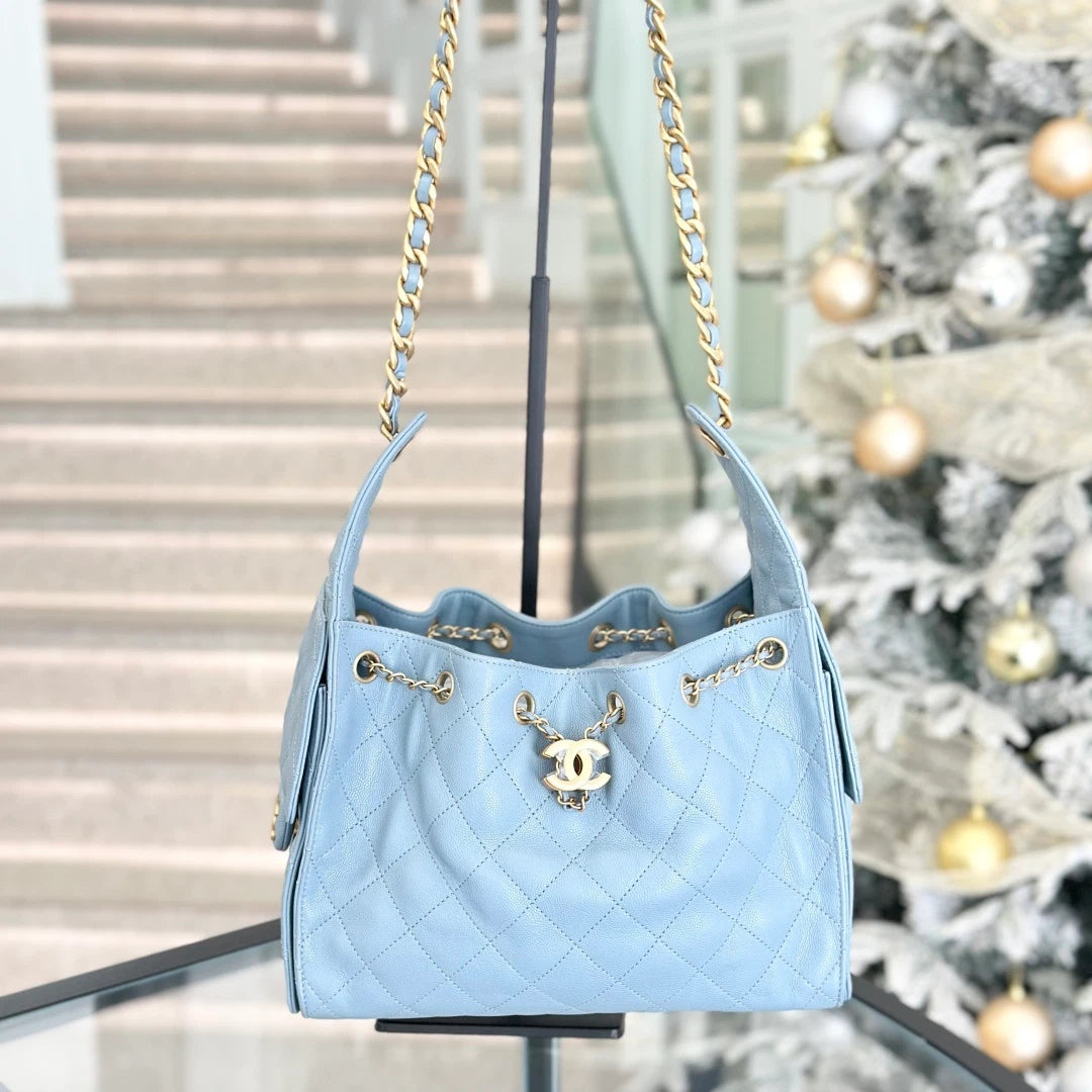 Chanel 25Bag PM Calfskin Chain Shoulder Bag Blue Gold Hardware Women S