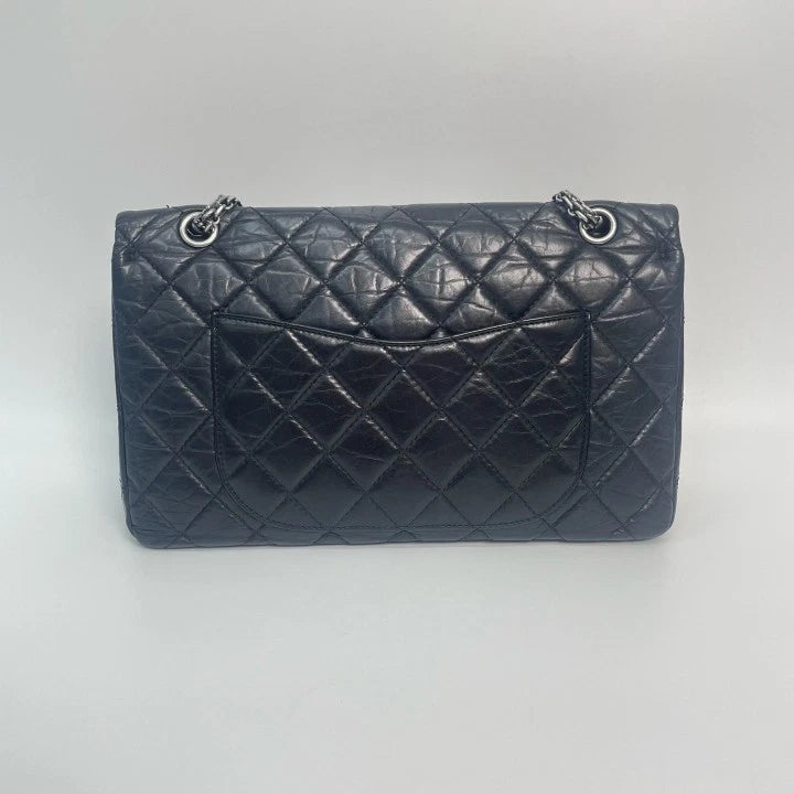 CHANEL Black Calfskin Leather 2.55 Large Chain Shoulder Crossbody Bag For Women