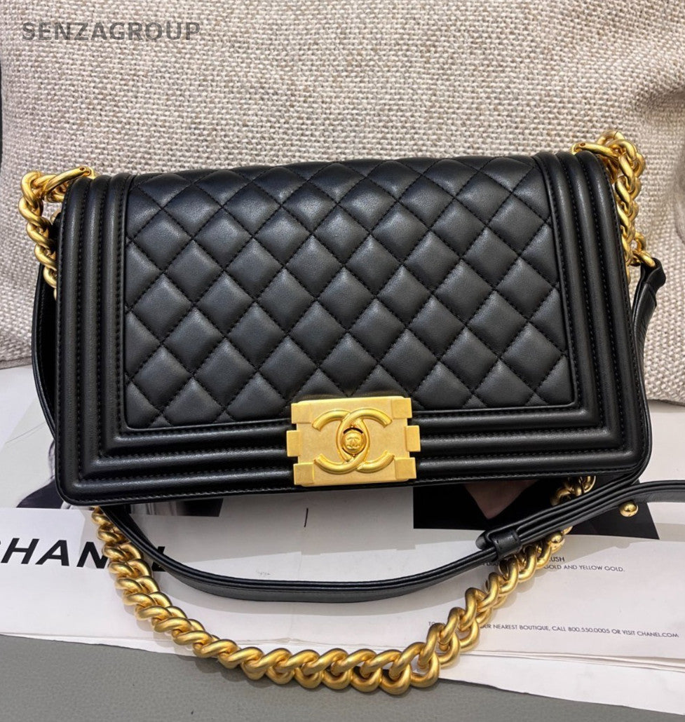Chanel Leboy MM Chain Diamond Shoulder Bag Black Gold Women Classic Designer