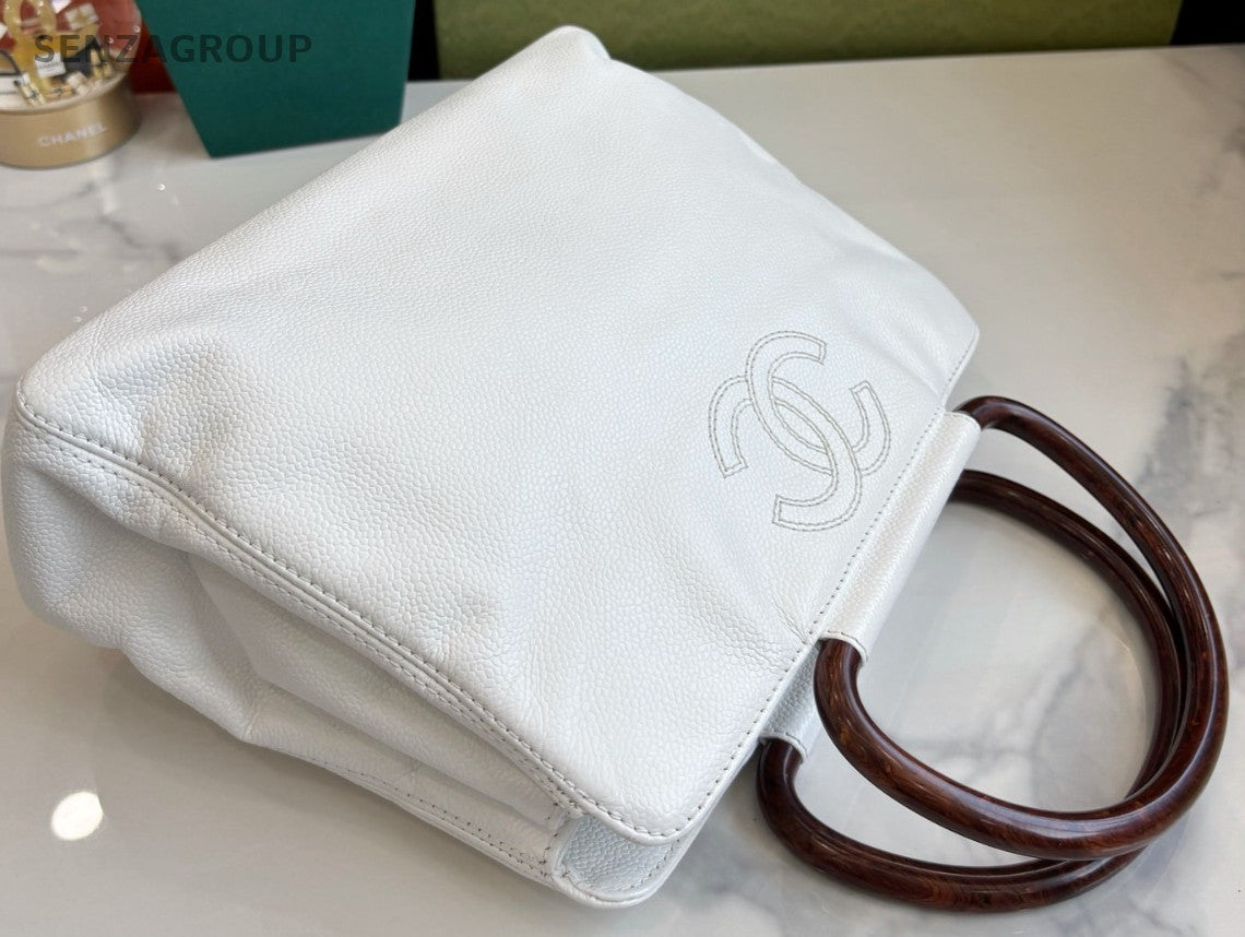 CHANEL CC Top Handle Pear blossom wood handle Handbag Calfskin White Women