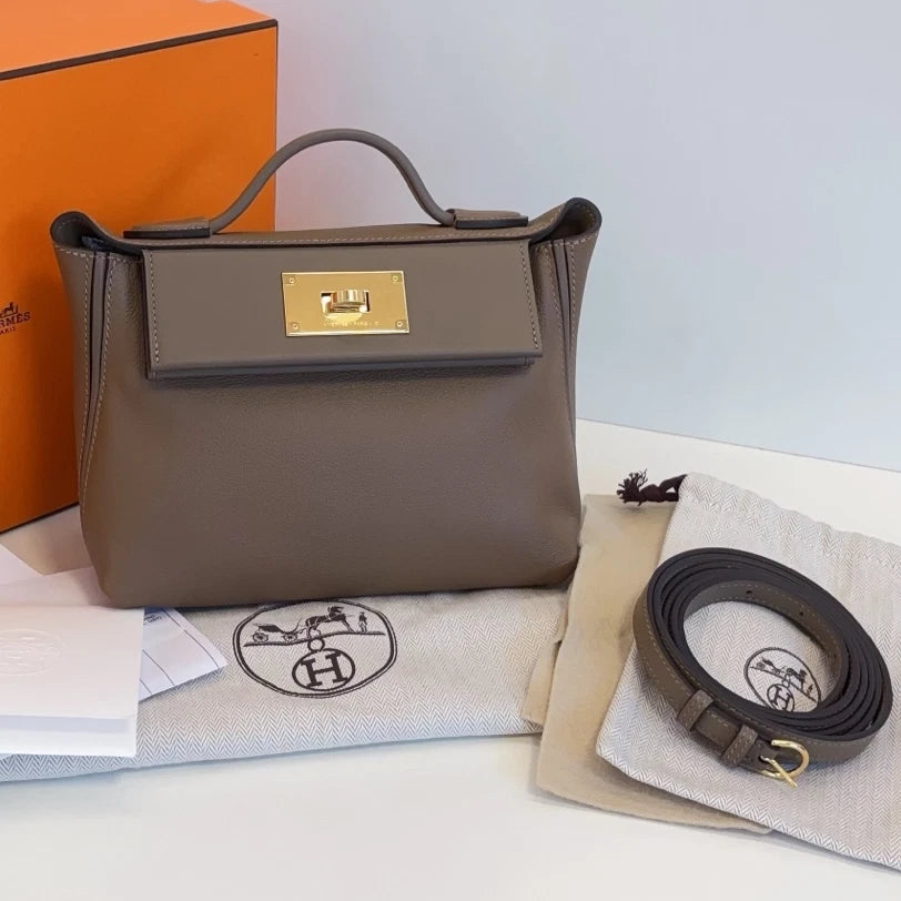Hermes 2424 Mini Top Handle Crossbody Gray Gold Used Women Classic Fashion