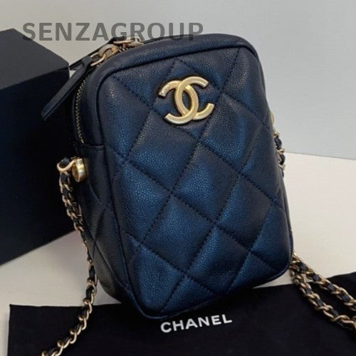 Chanel Diamond Calfskin Chain Crossbody Shoulder Bag Black Gold Women Classic