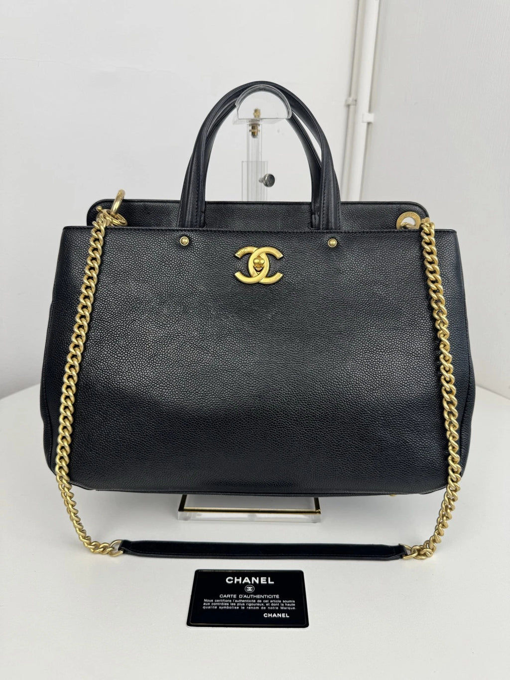 Authentic Chanel Calfskin Tote Black Handbag Gold Chain Shoulder Bag Turnlock