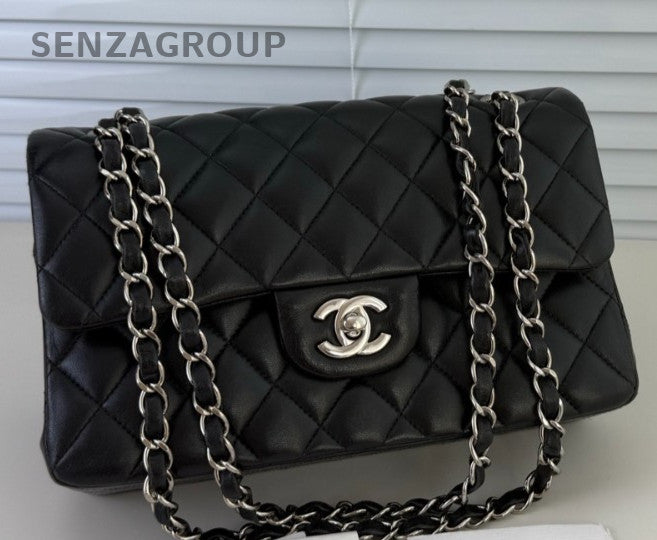 Chanel Classic Flap Lambskin PM Chain Shoulder Bag Black Silver Used Women
