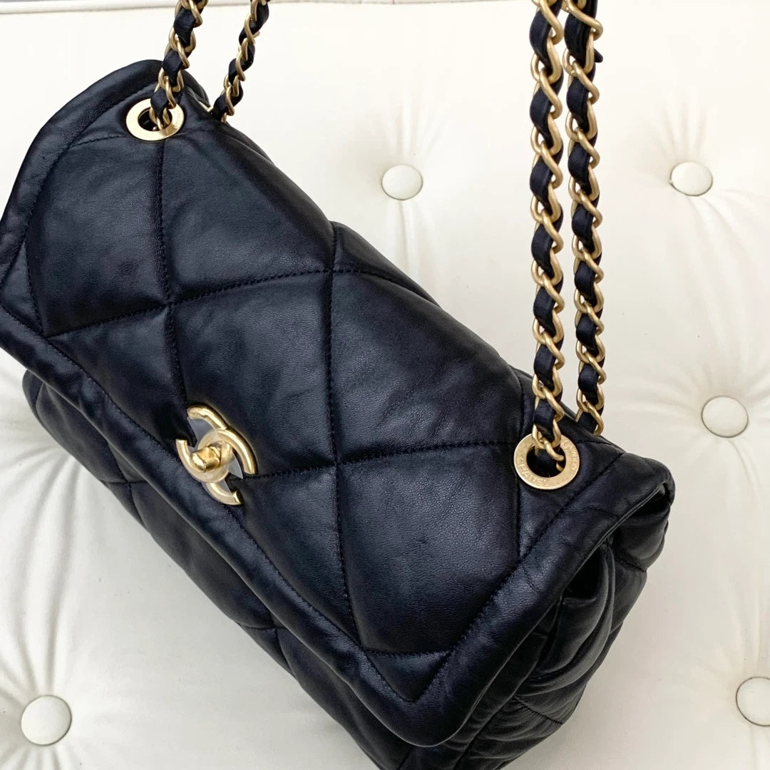 Chanel Lambskin PM Chain Shoulder Crossbody Bag Black Gold Women S