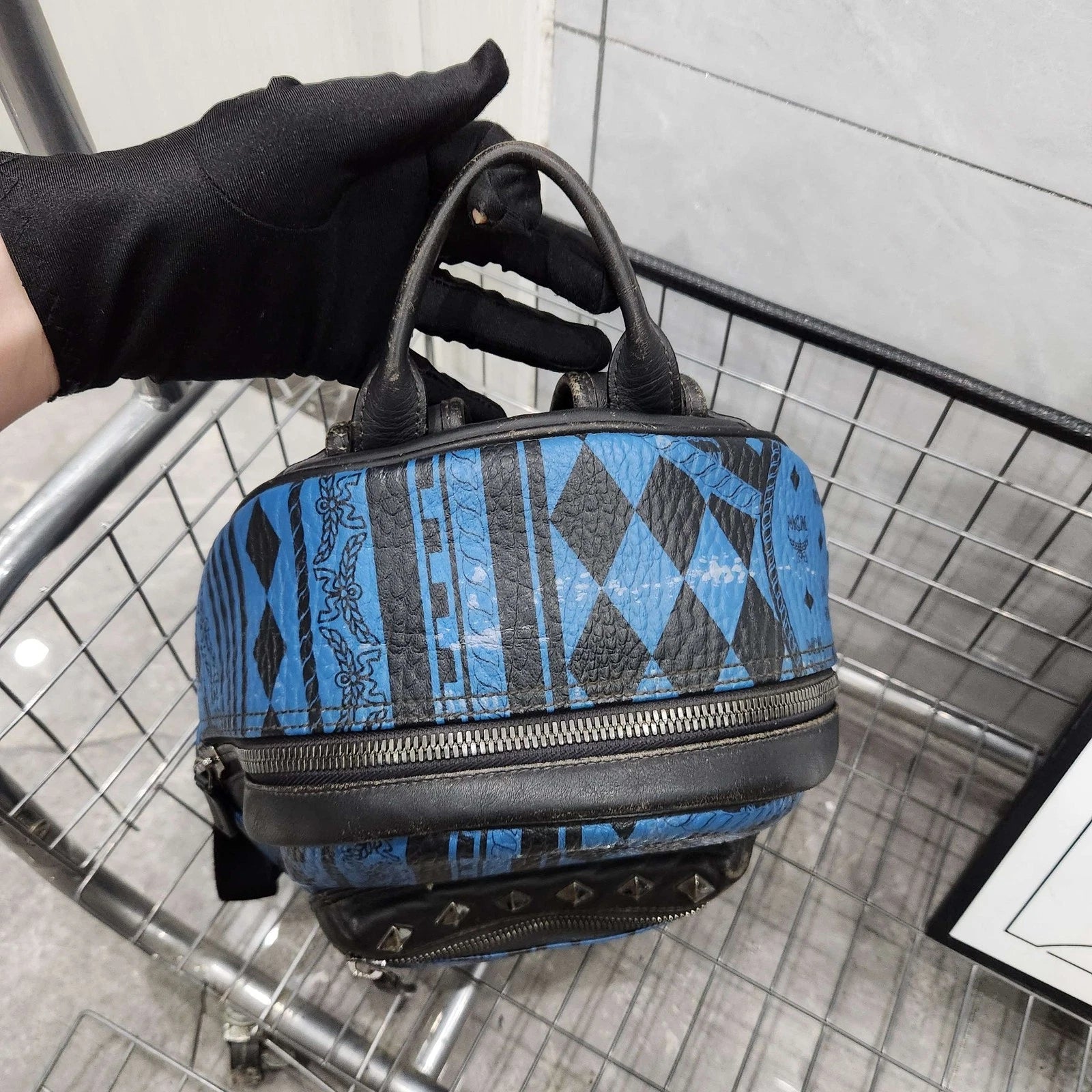MCM Canvas Coated Black Blue Graffiti Rivet Backpack for Women