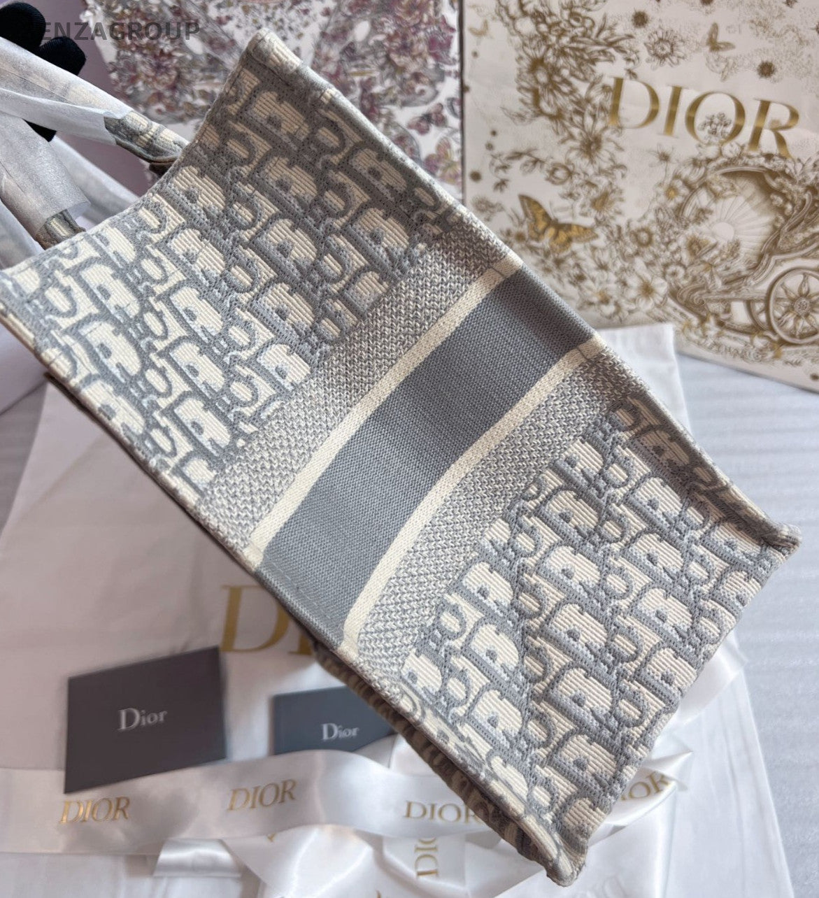 Christian Dior Book Tote MM Oblique Top Handle Bag Gray Women Classic Fashion
