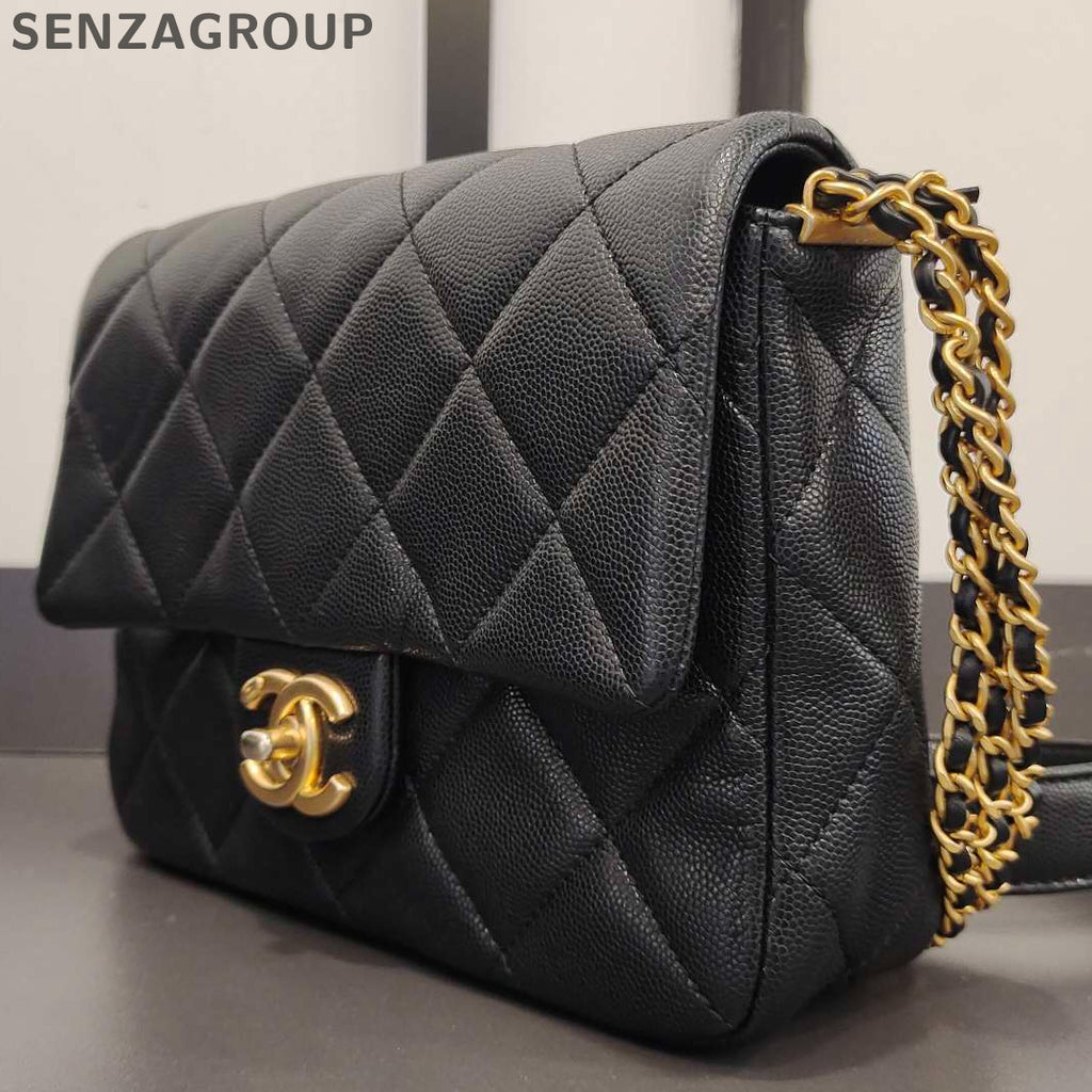 Chanel Classic Flap Square Mini Calfskin Chain Shoulder Bag Black Gold