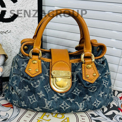 Louis Vuitton Vintage Denim Blue Gold Handbag Shoulder Bag Classic Women