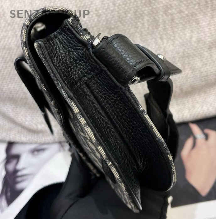 Christian Dior Oblique Saddle Shoulder Bag Crossbody Black Silver Unisex Adults