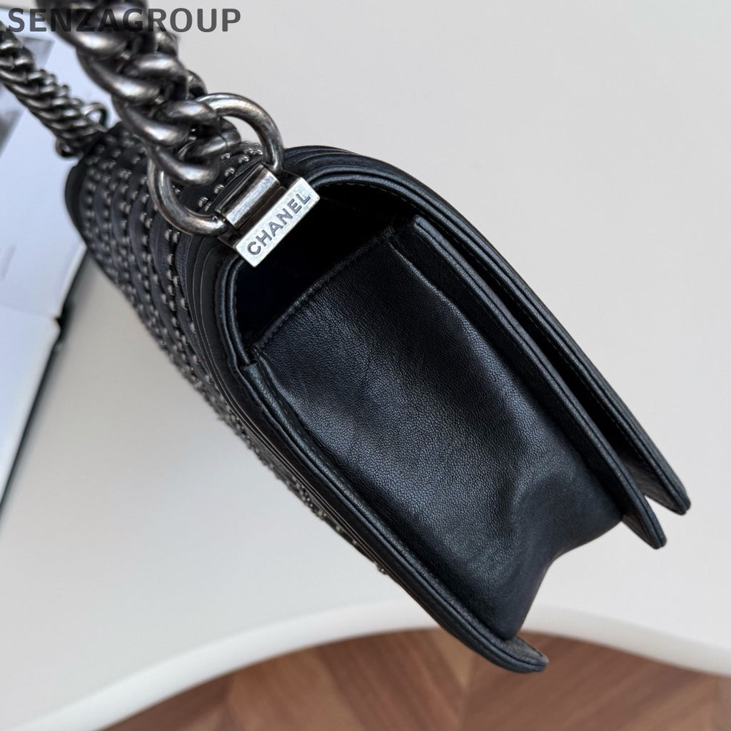 Chanel Leboy MM Chain Shoulder Crossbody Black Silver Diamond Women Classic
