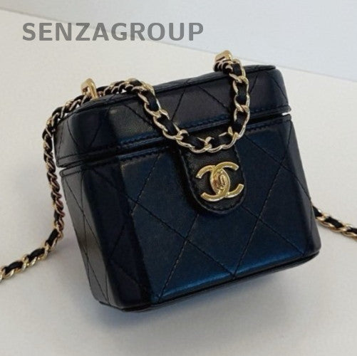 Chanel Lambskin Box Chain Shoulder Bag Crossbody Black Gold Women Classic