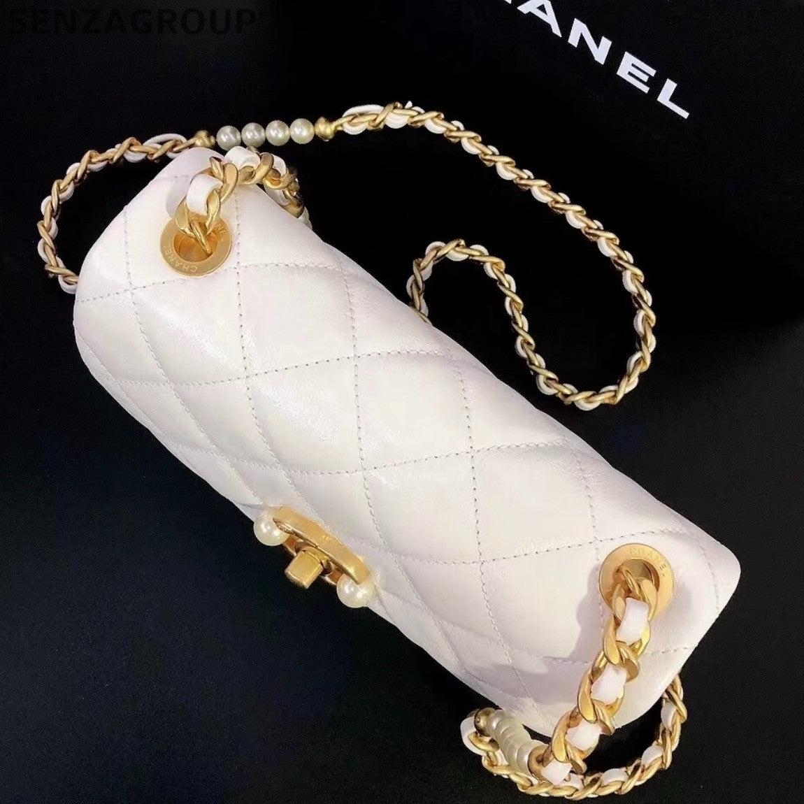 Chanel Vintage Calfskin Pearl Chain Shoulder Bag White Gold Classic Women
