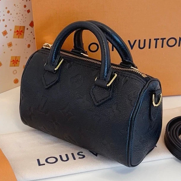 Louis Vuitton Speedy Nano Calfskin Top Handle Bag Crossbody Black Gold Women