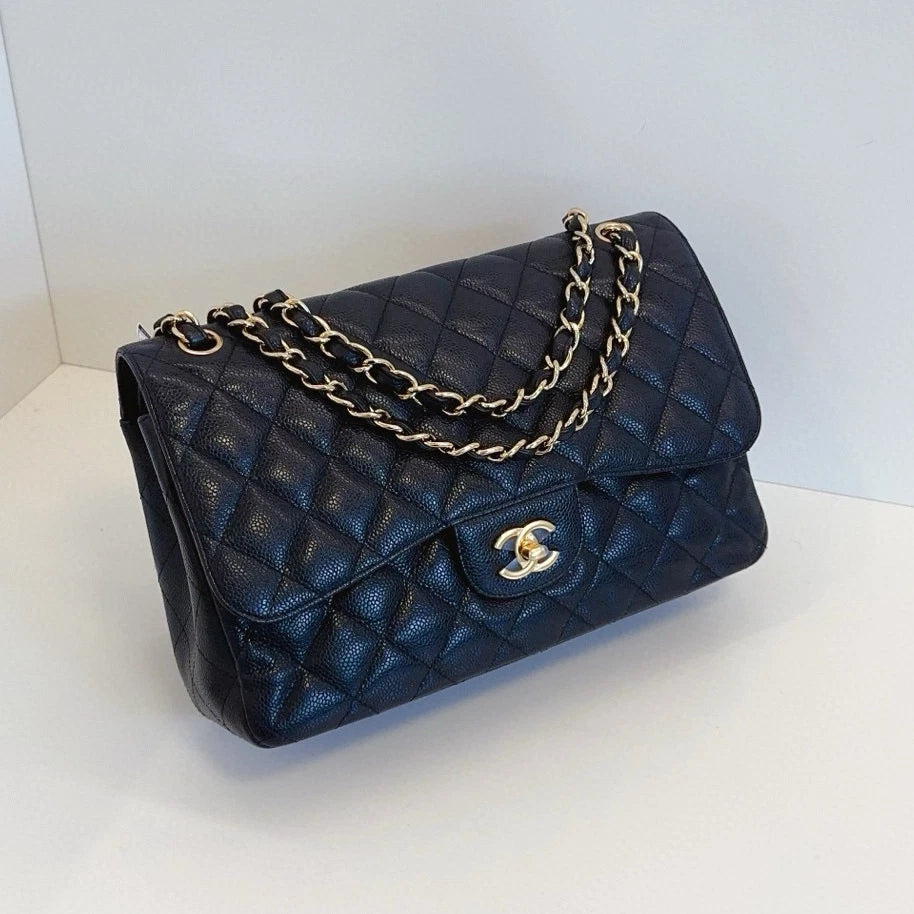 Chanel Classic Flap Jumbo Chain Shoulder Bag Crossbody Black Gold Women Fashion