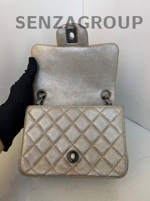 Chanel Mini Square Flap Bag Quilted Chain Shoulder Crossbody Silver Gray