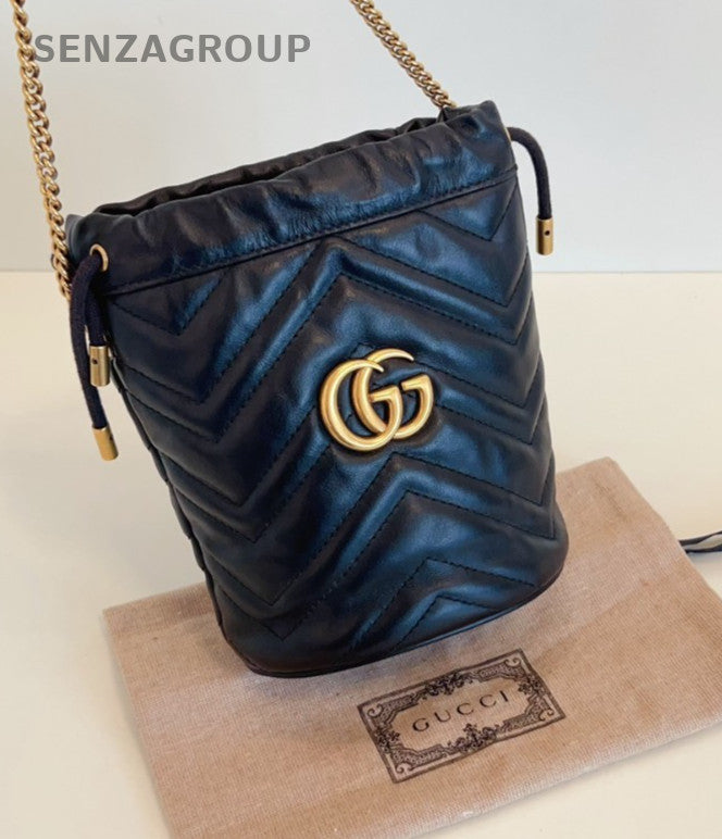 GUCCI GG Marmont mini Bucket Drawstring Chain Shoulder bag Crossbody Women Black