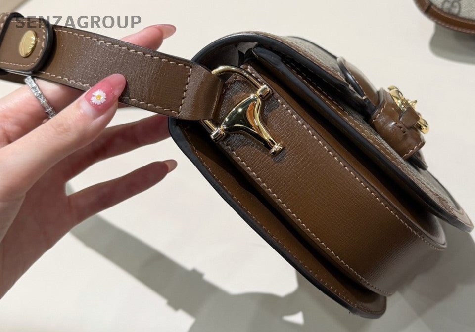 GUCCI 1955 Horsebit Saddle mini Monogram Shoulder bag Brown Gray Women Classic