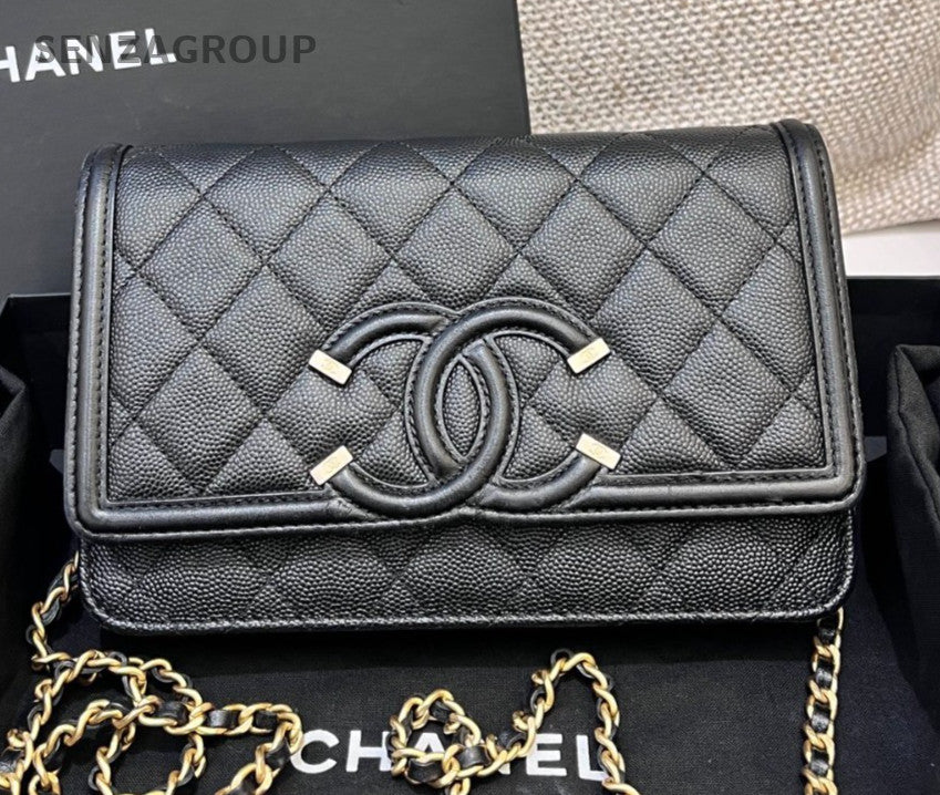 Chanel Vanity WOC Chain Shoulder Bag Crossbody Black Gold Diamond Women Classic