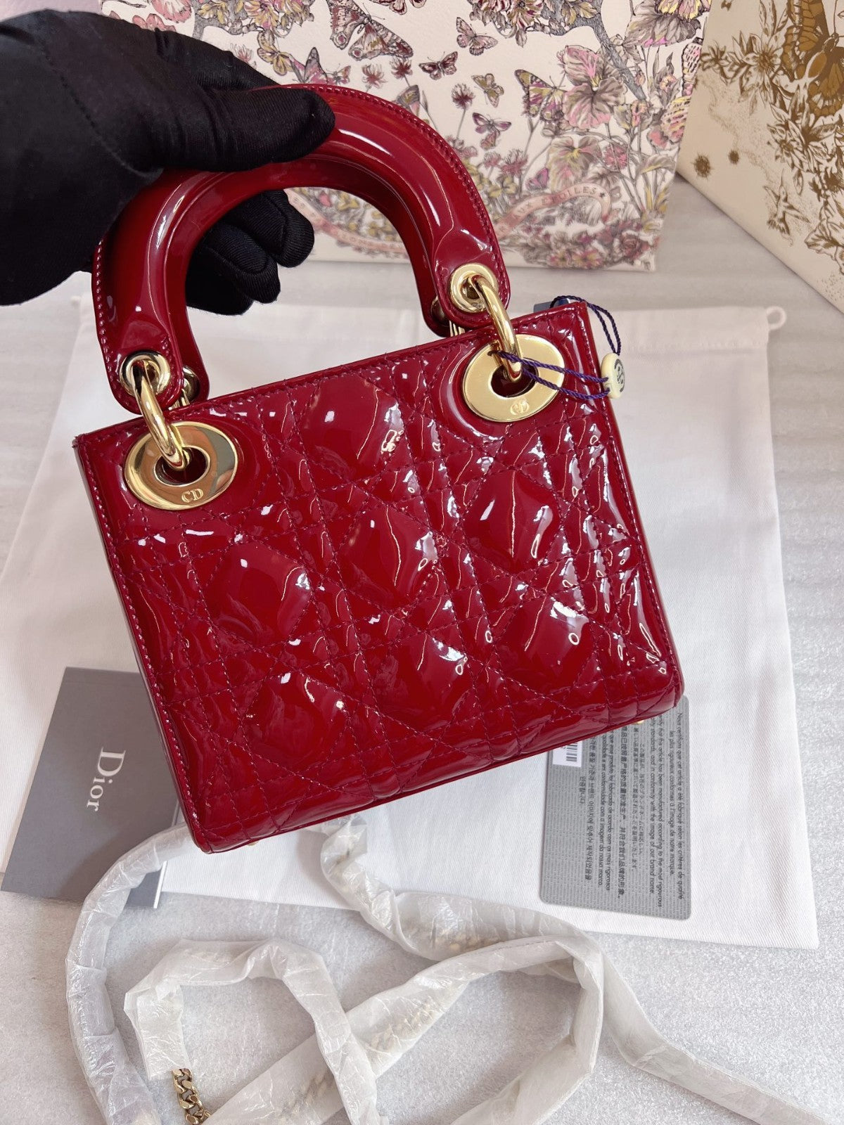Christian Dior Lady Top Handle Chain Shoulder Handbag Red Gold Almost Brand NEW