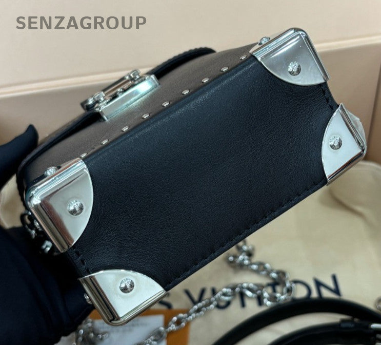 Louis Vuitton Monogram Camera Box Chain Shoulder Bag Black Brown Silver Women