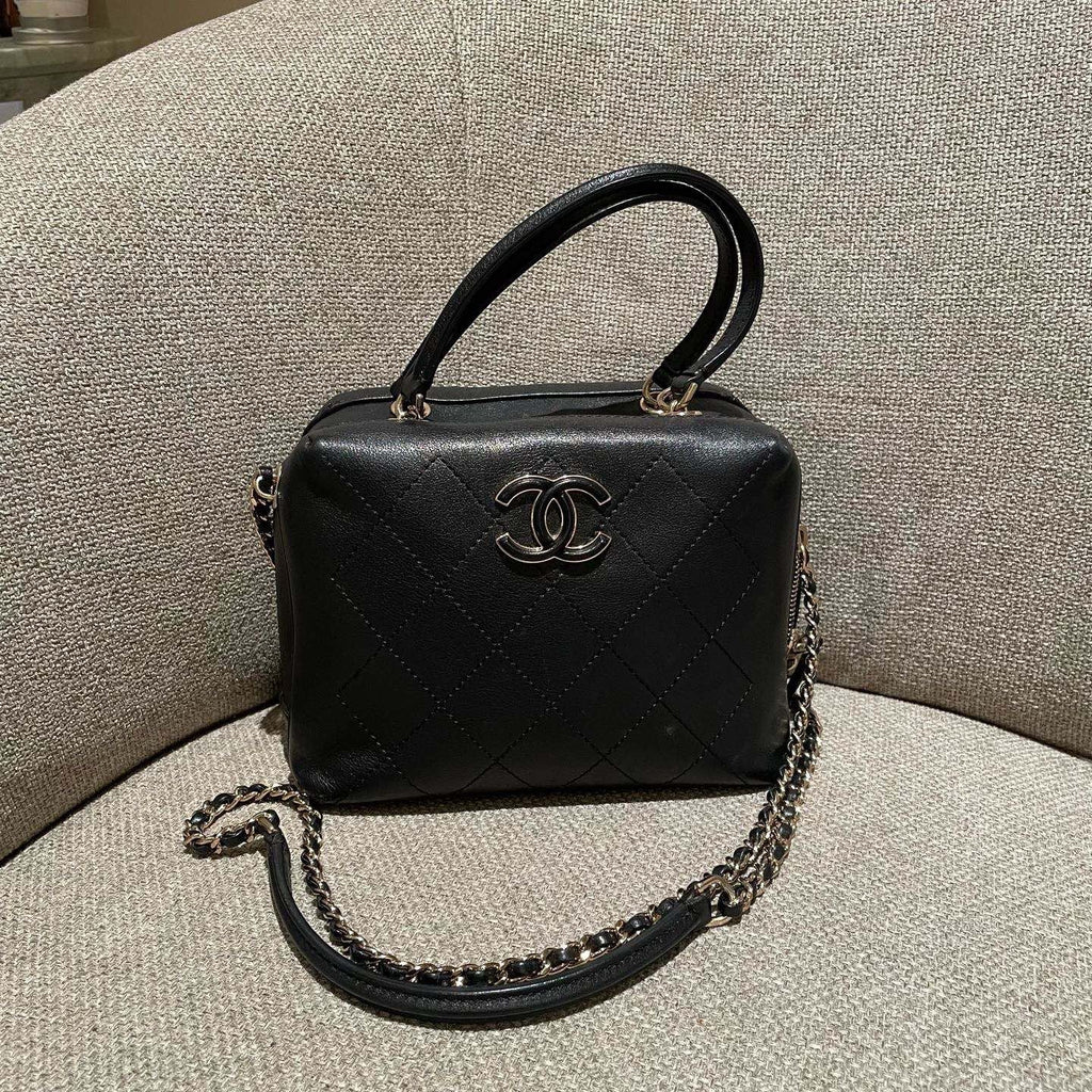 Chanel Calfskin Diamond Box Top Handle Shoulder Bag Black Gold Women Classic