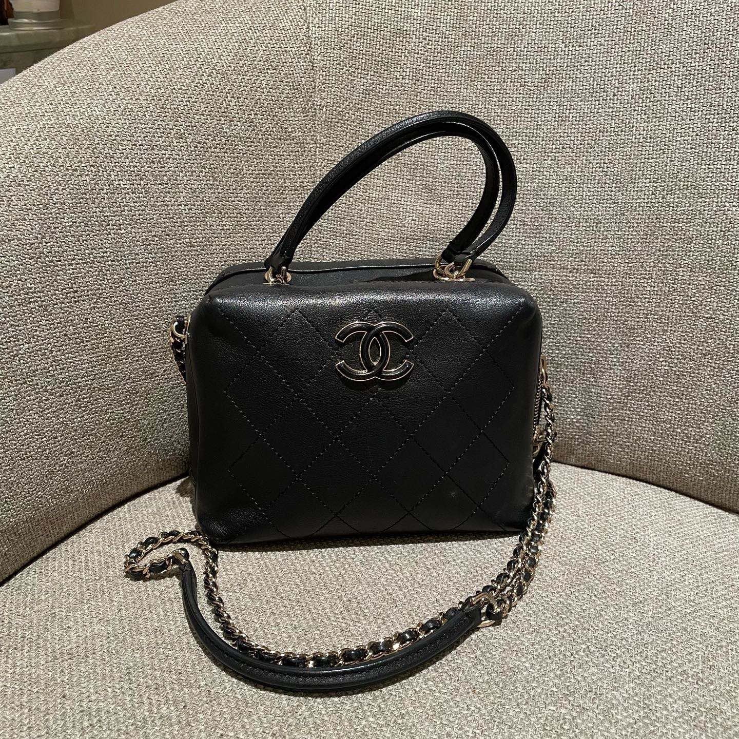 Chanel Calfskin Diamond Box Top Handle Shoulder Bag Black Gold Women Classic