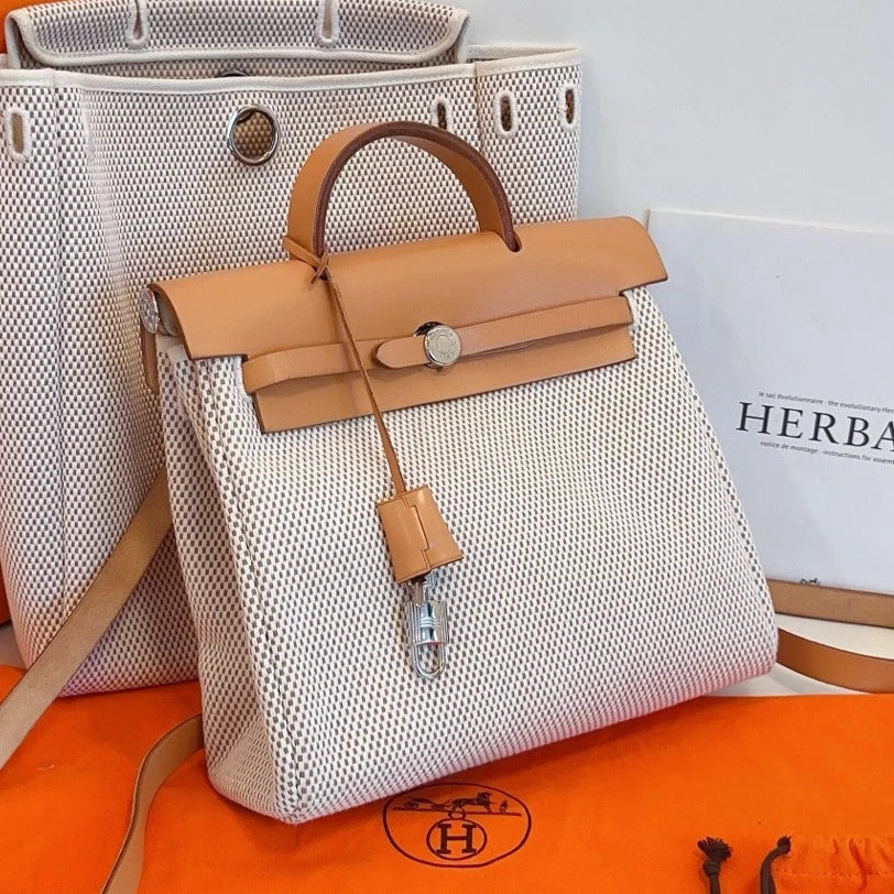 Hermes Herbag31 Backpack Canvas Ivory Brown Silver Hardware Women Classic
