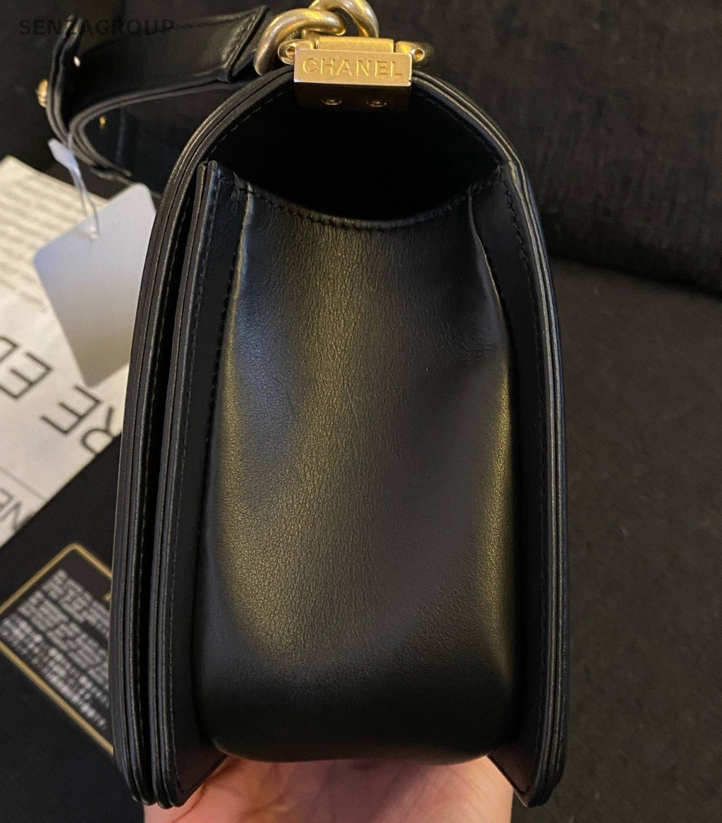 Chanel Leboy MM Calfskin Chain Shoulder Bag Crossbody Black Gold Women Classic