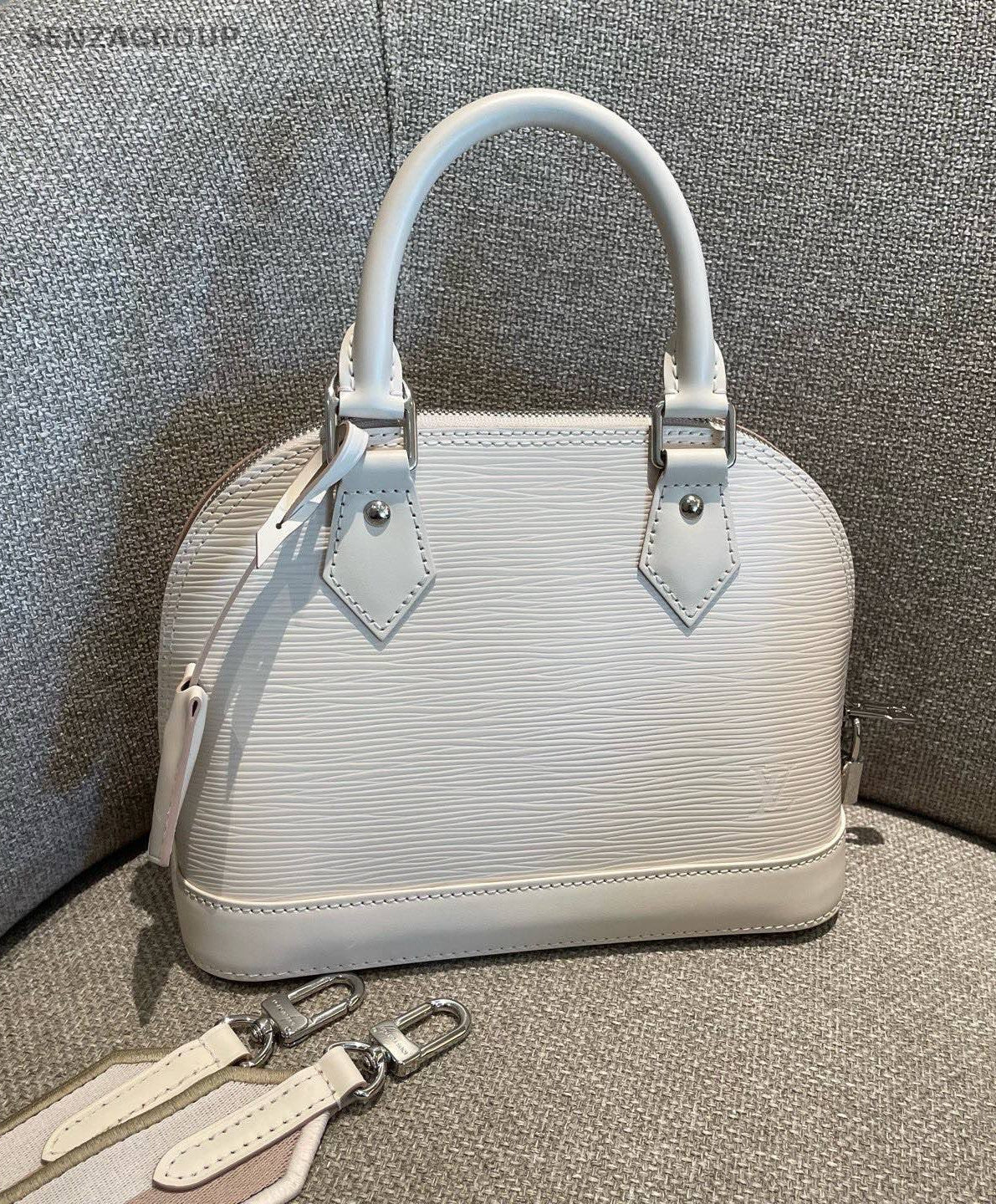 Louis Vuitton Alma BB Epi Top Handle Bag Crossbody White Silver Women Classic