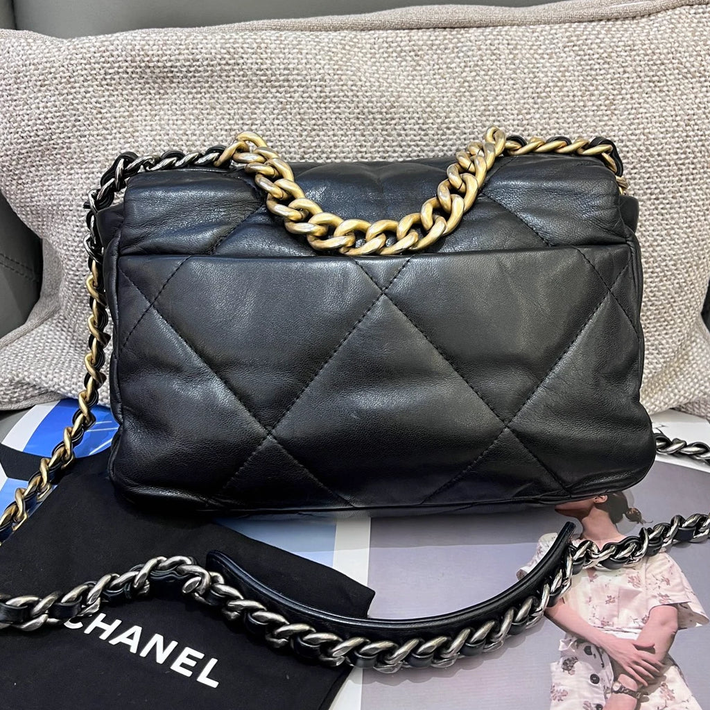 Chanel 19Bag PM Lambskin Chain Top Handle Crossbody Black Gold Women Classic