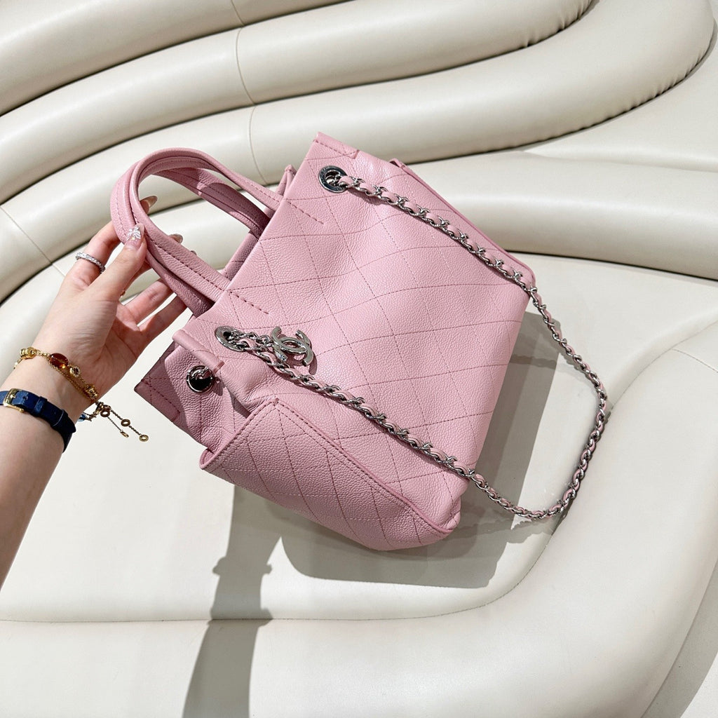 CHANEL Diamond pattern tote Calfskin Sakura Pink Shoulder bag Chain Strap Women