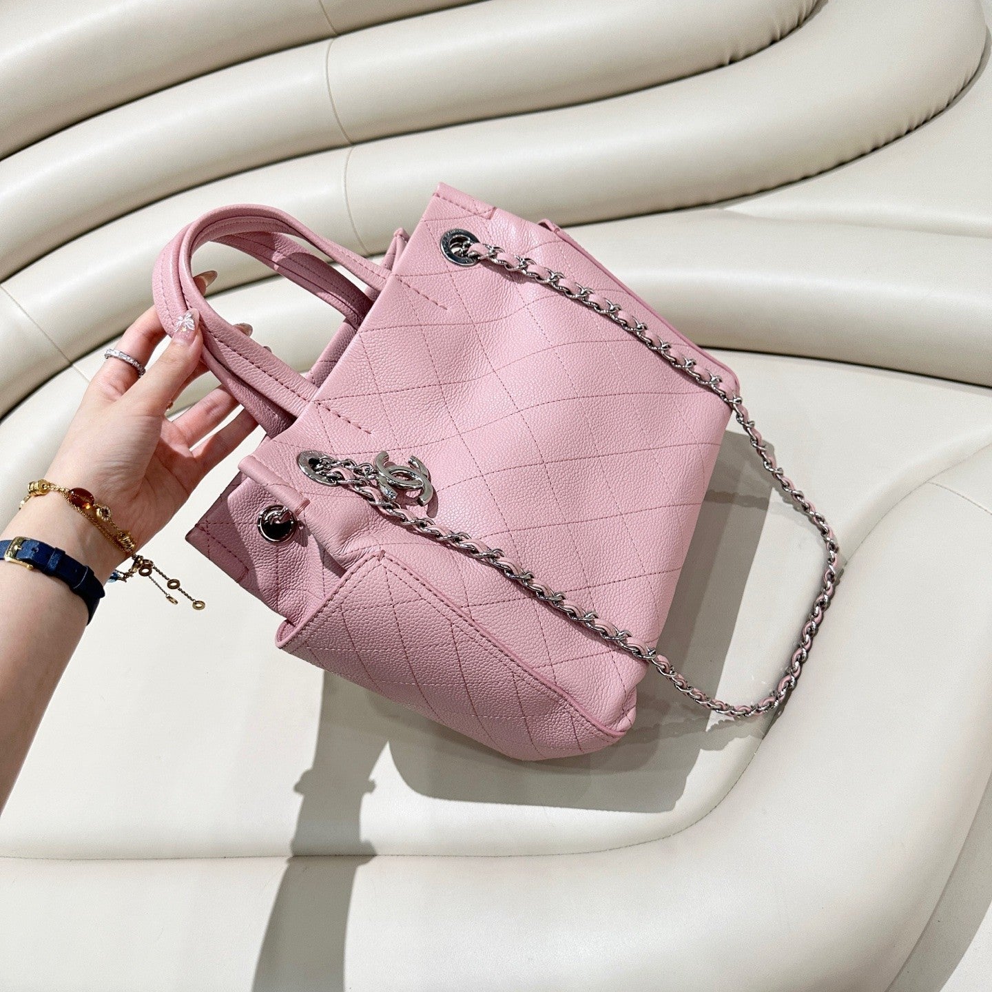 CHANEL Diamond pattern tote Calfskin Sakura Pink Shoulder bag Chain Strap Women