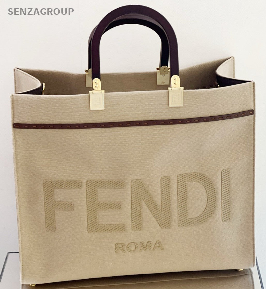 FENDI Sunshine MM Canvas Top Handle Shoulder Crossbody Tote Beige Women