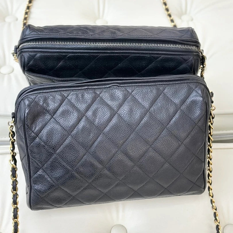 Chanel Vintage Calfskin Chain Diamond Shoulder Bag Black Gold Women S