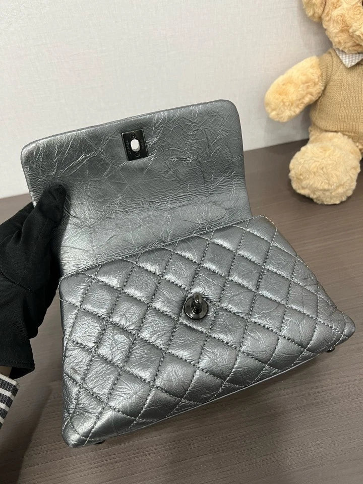 Authentic CHANEL Silver Gray Coco Handle Small Handbag For Women