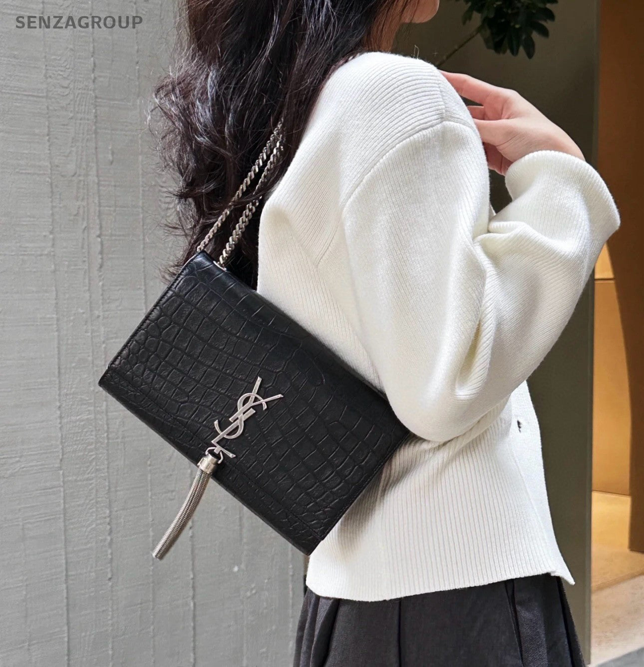 YSL Saint Laurent Kate MM Alligator pattern Chain Shoulder bag Black Silver
